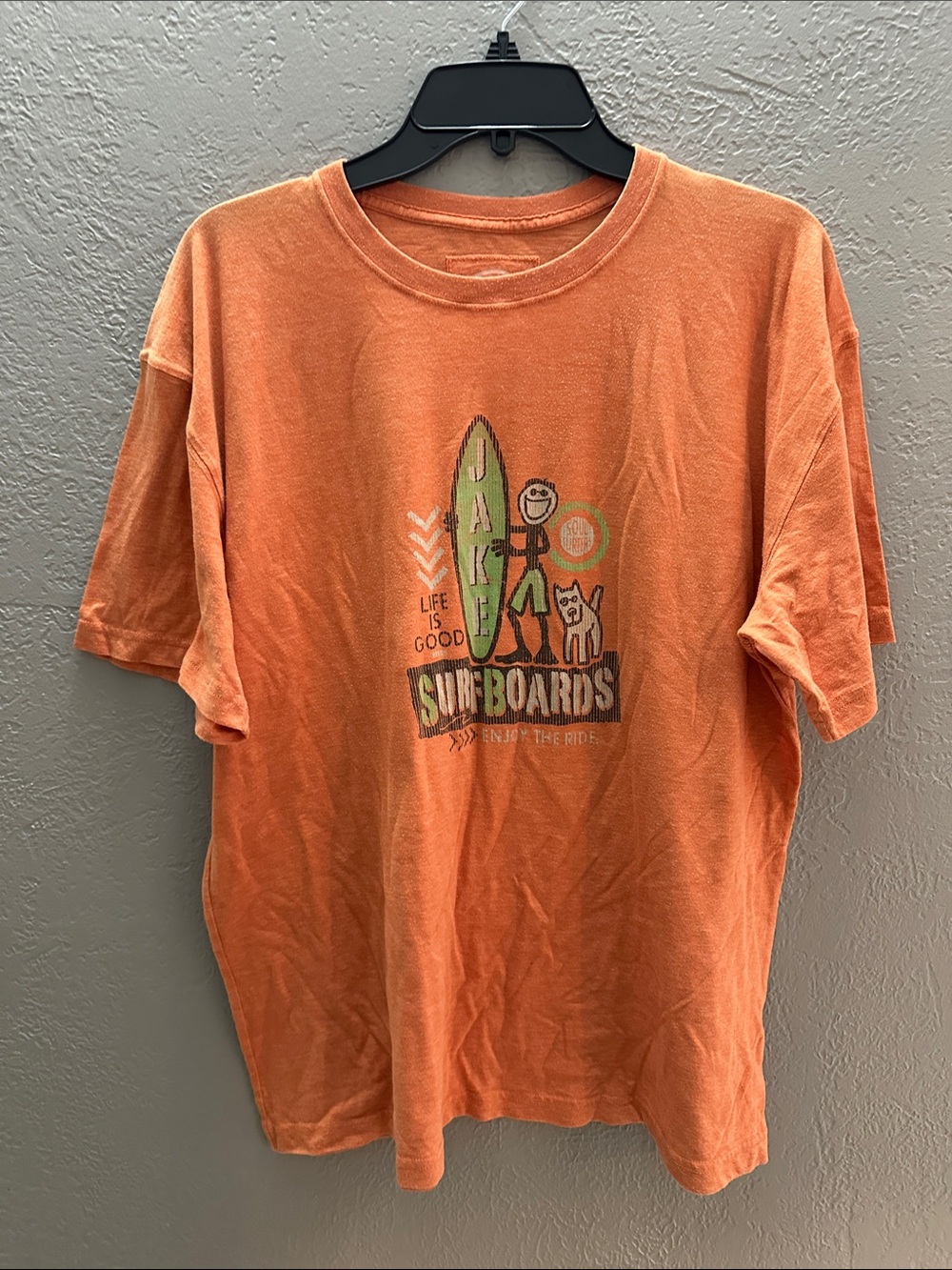 Life Is Good Orange Surfboard & Dog Graphic T‑Shirt